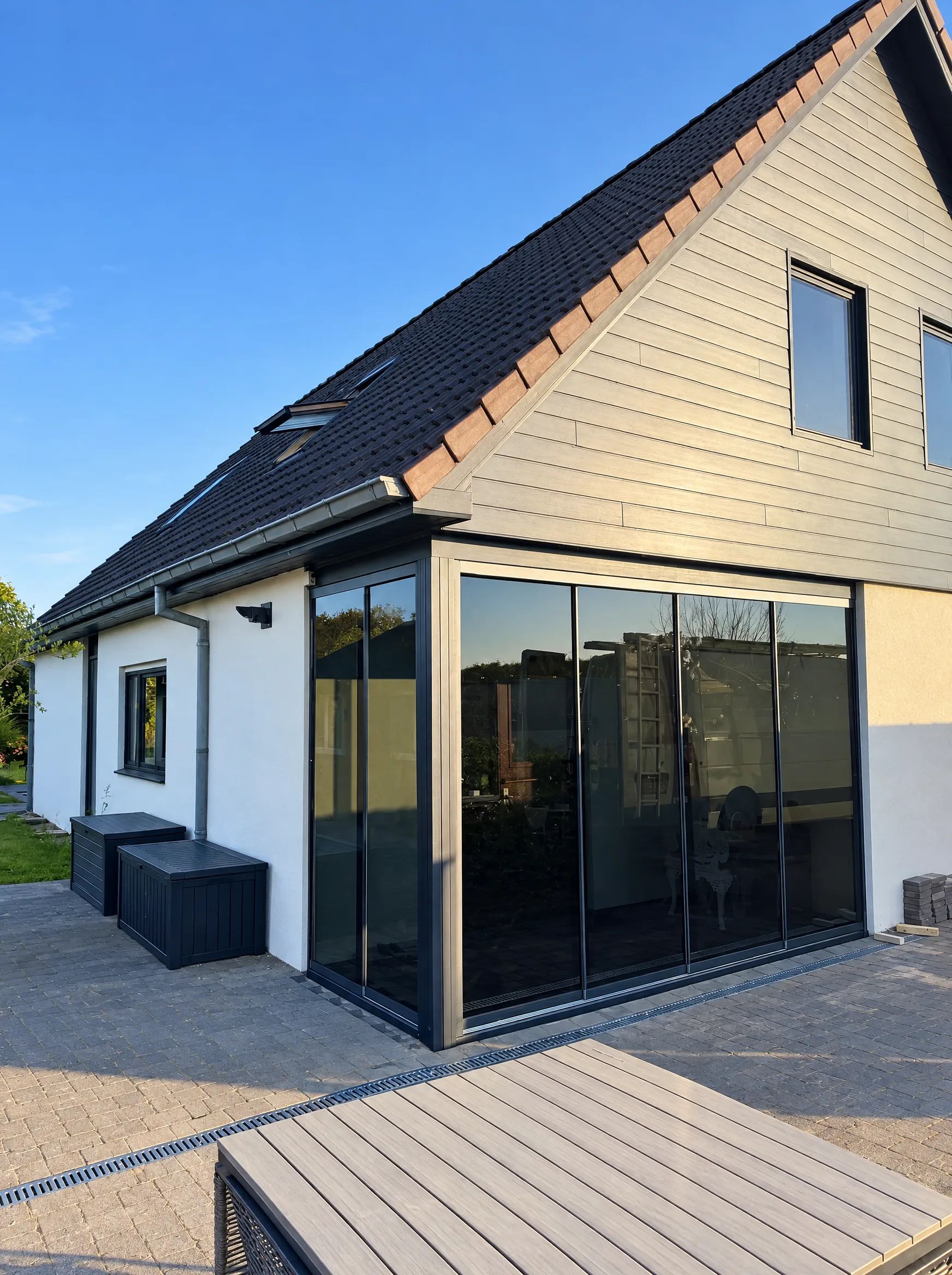 Getinte glazen schuifwanden in een hoek onder de overkapping van een woning, in de avondzon