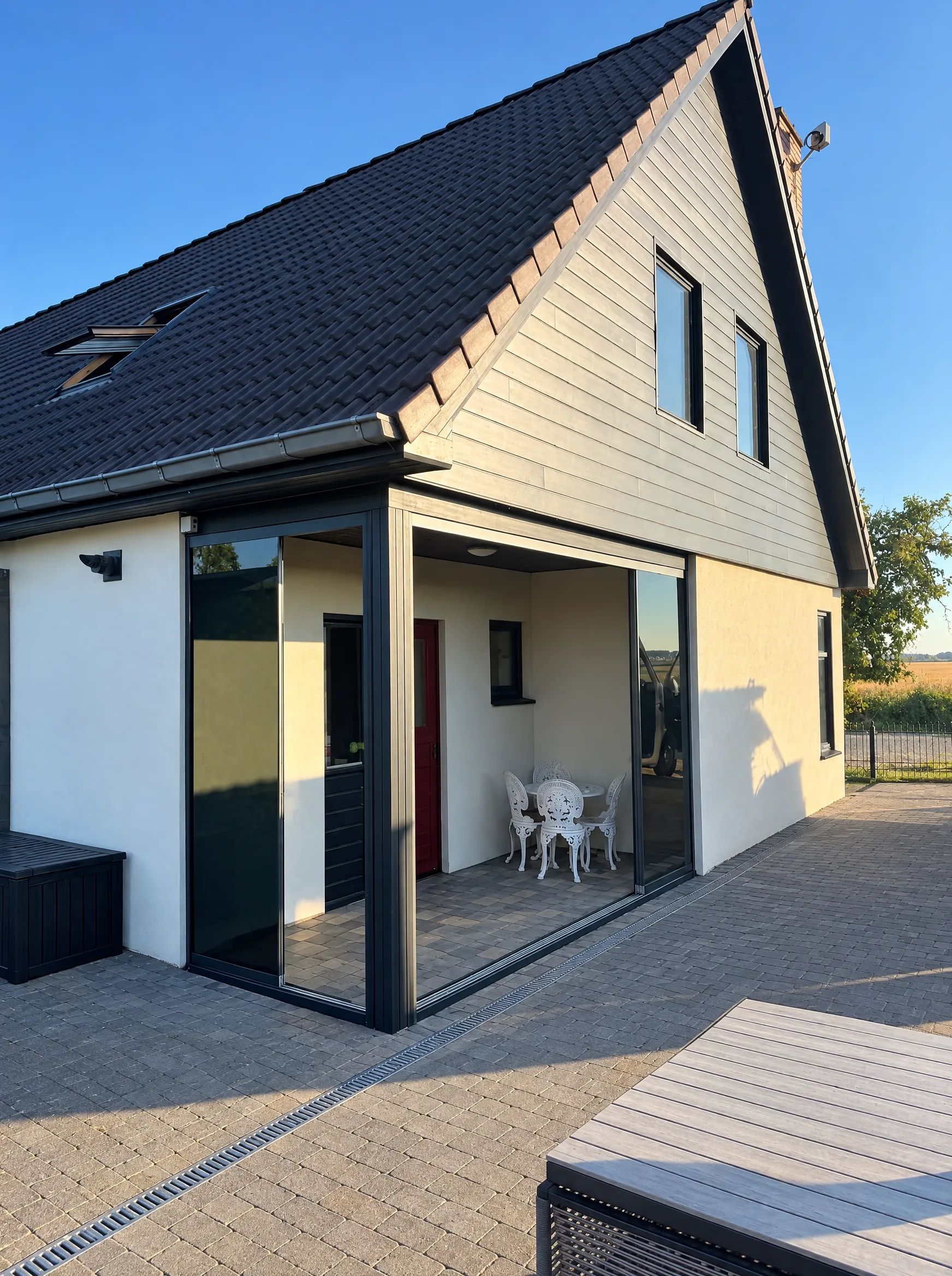 Getinte glazen schuifwanden opengeschoven in de hoek van een overkapping, met tuinset en voordeur zichtbaar